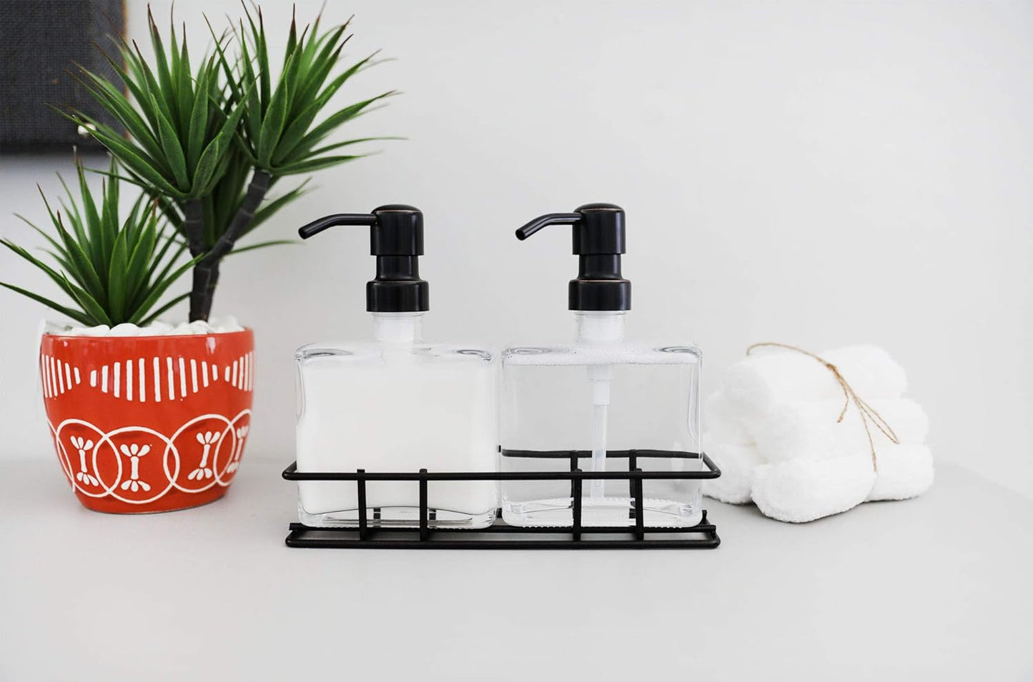 Set of 2 Refillable Glass Soap Dispensers with Farmhouse Bronze Pumps + Black Metal Stand – 8.5oz Each – Eco-Friendly Bathroom & Kitchen Counter Organizer