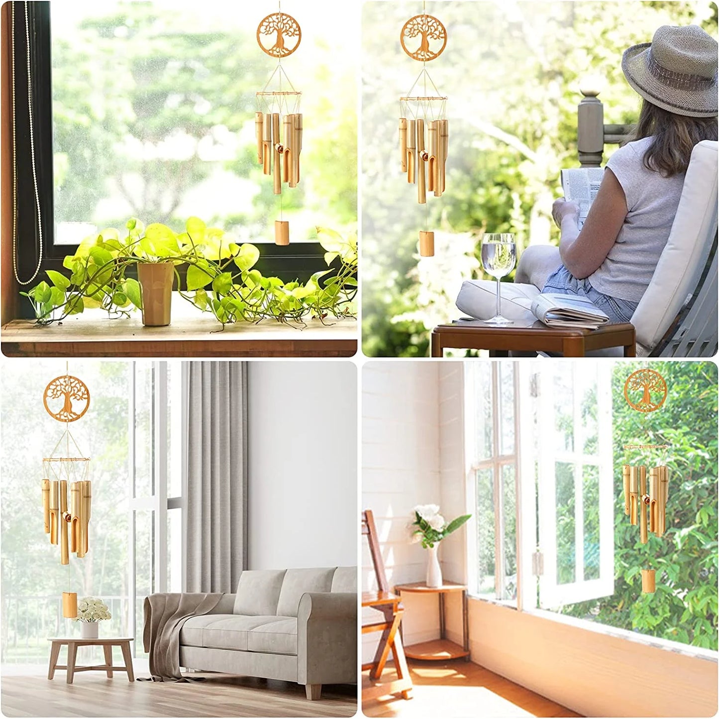 Handmade Bamboo Wind Chimes – Tree of Life Design, Natural Wooden Tubes, Sympathy Gift, Outdoor Décor (35" Height)