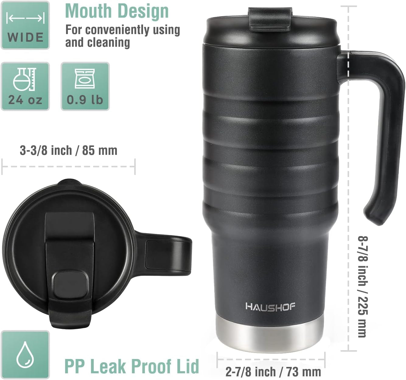 HAUSHOF 24oz Insulated Tumbler with Lid & Handle – Double Wall Vacuum Stainless Steel Travel Mug, Leak-Proof, BPA-Free, Wide Mouth for Ice, Hot & Cold Drinks
