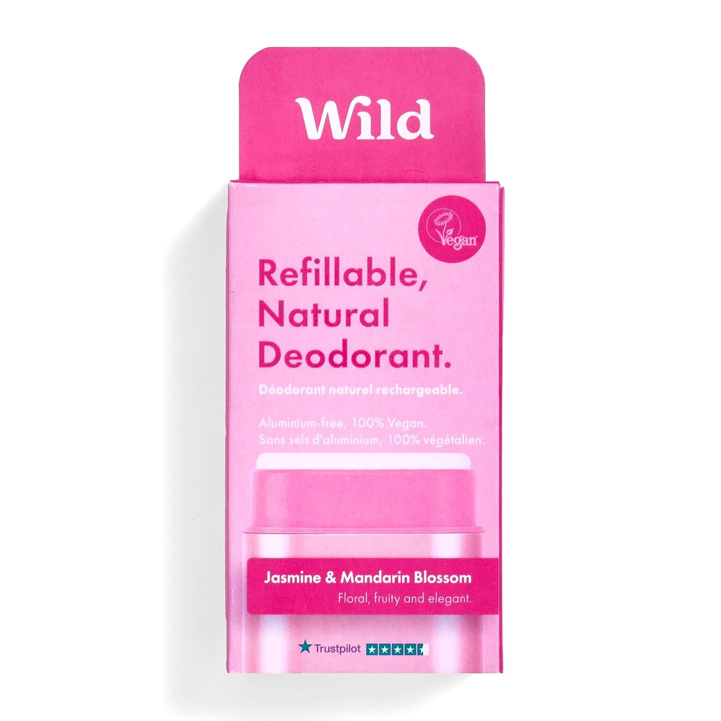 Wild Refillable Deodorant – Jasmine & Mandarin Refill | Aluminum-Free, Vegan, Eco-Friendly, Long-Lasting Natural Deodorant with Reusable Pink Case