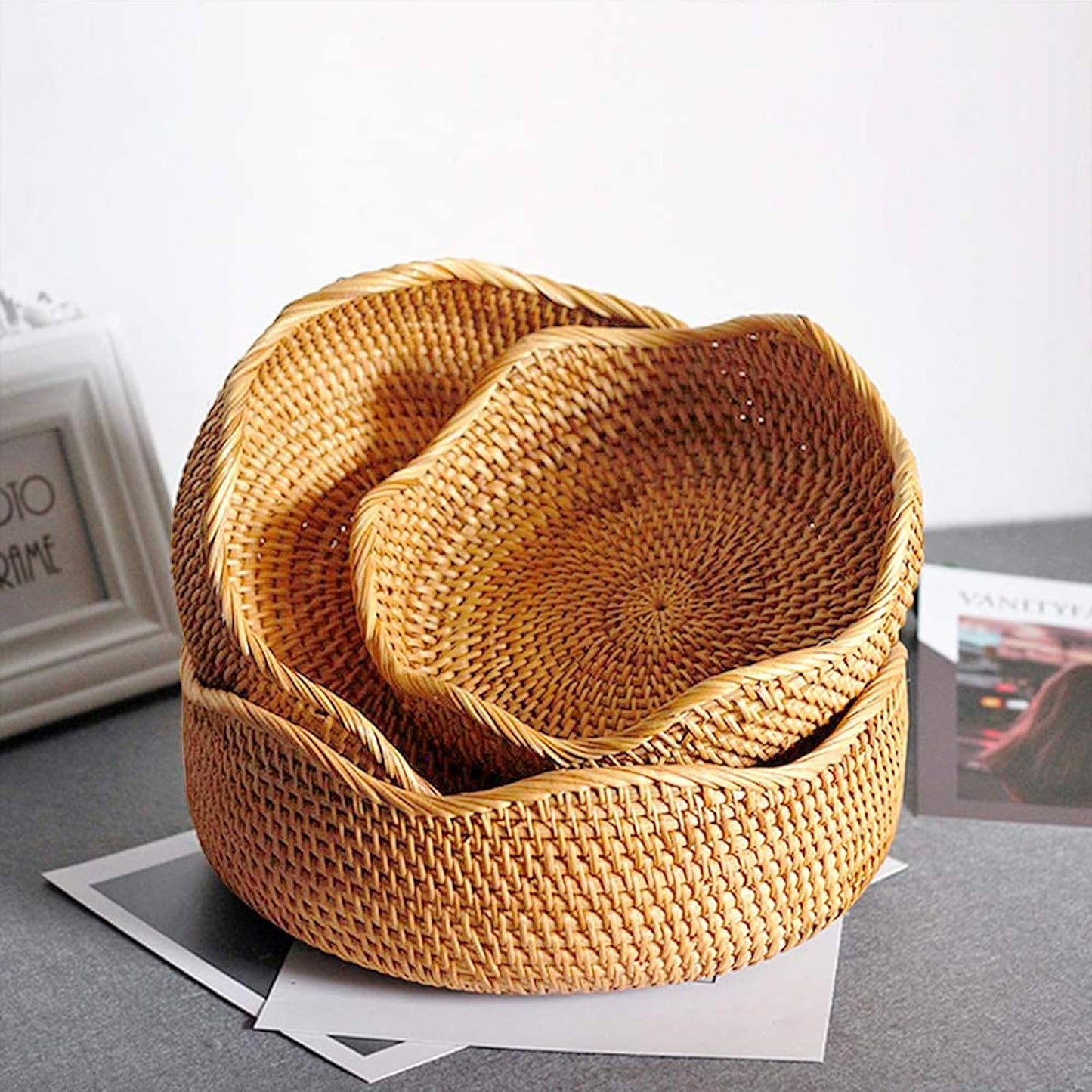 Handwoven Rattan Basket – Tall Round Wicker Storage Bowl for Fruit, Bread & Decorative Display | Eco-Friendly, Rustic Natural Organizer for Kitchen & Home Decor