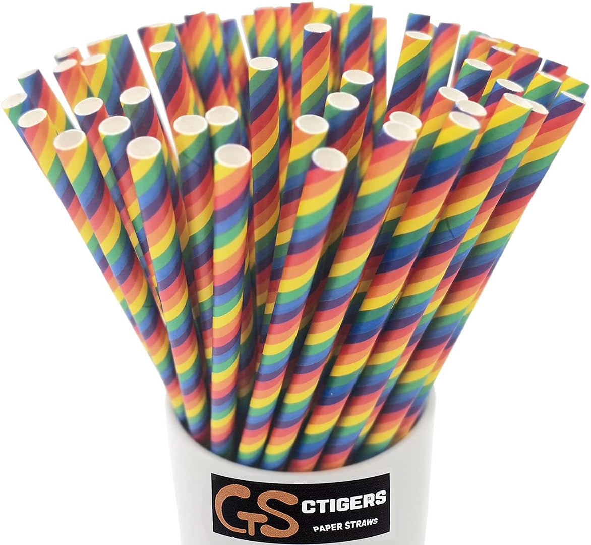 Rainbow Paper Straws for Wedding Party Summmer Party Beach Cocktail Baby Shower Biodegradable Drinking Straws Box of 100