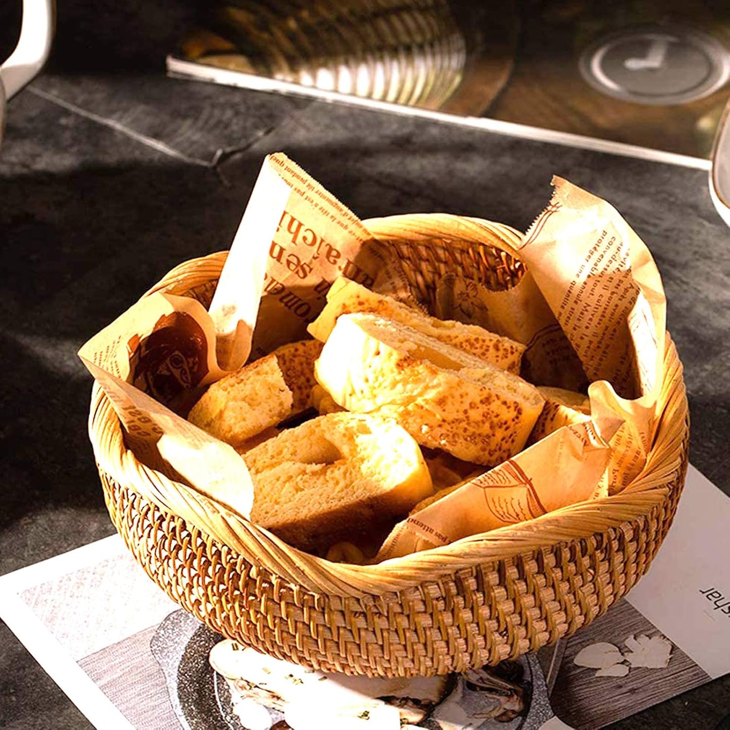Handwoven Rattan Basket – Tall Round Wicker Storage Bowl for Fruit, Bread & Decorative Display | Eco-Friendly, Rustic Natural Organizer for Kitchen & Home Decor