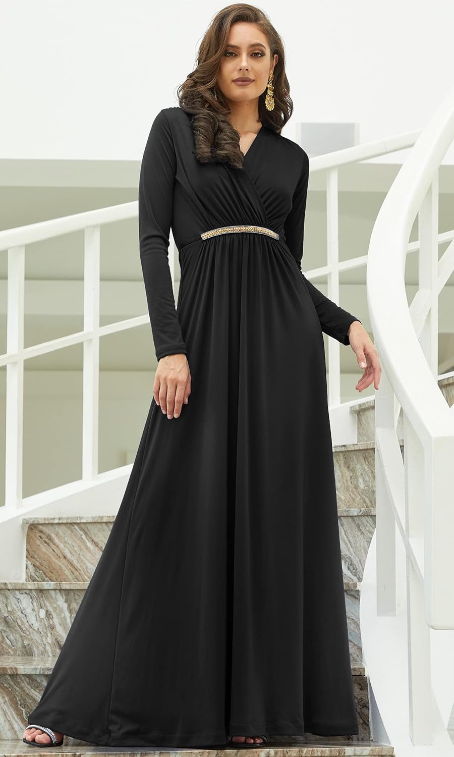 Elegant Long Sleeve Pleated Maxi Dress – Adjustable Fit, Maternity Friendly
