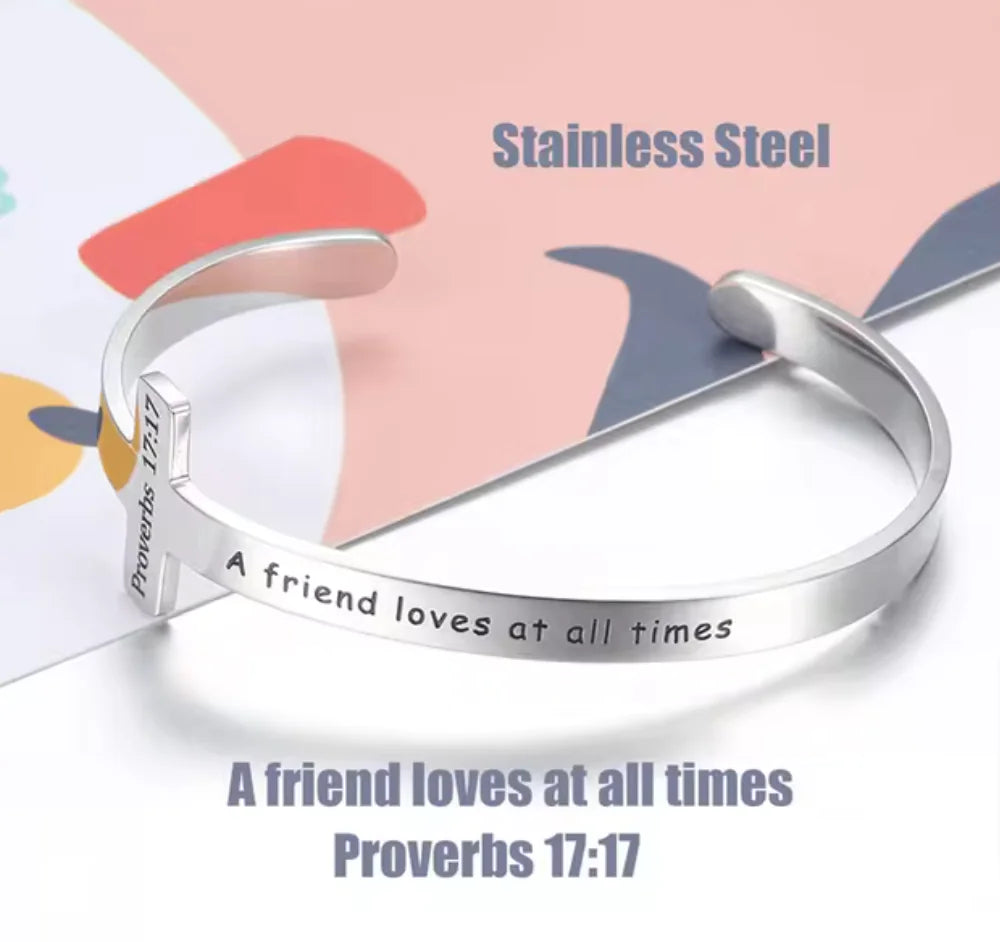 Silver Plated Christian Cuff Bracelet – Adjustable Stainless Steel with Cross & Jesus Bible Verse