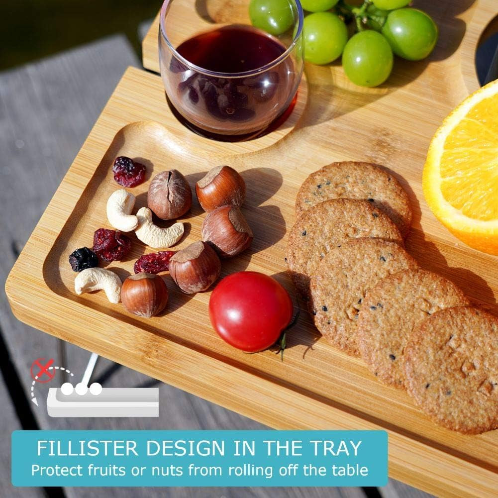 Folding Bamboo Wine Picnic Table with Bottle Opener – Portable Cheese & Snack Tray with Wine Glass Holders