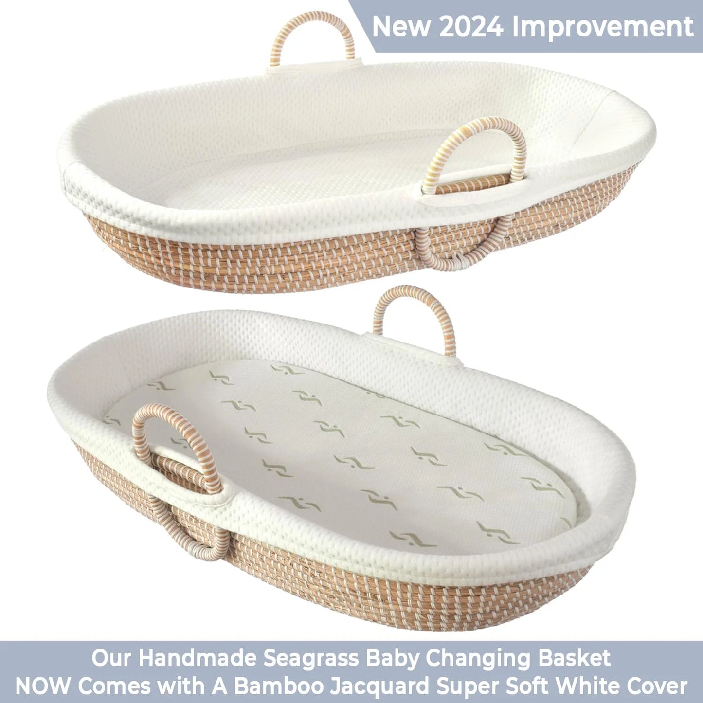 Seagrass Baby Changing Basket Set – Handwoven Natural Changing Station with Cushioned Pad & 3 Waterproof Bamboo Covers, CPSC Compliant, Boho Nursery Essential