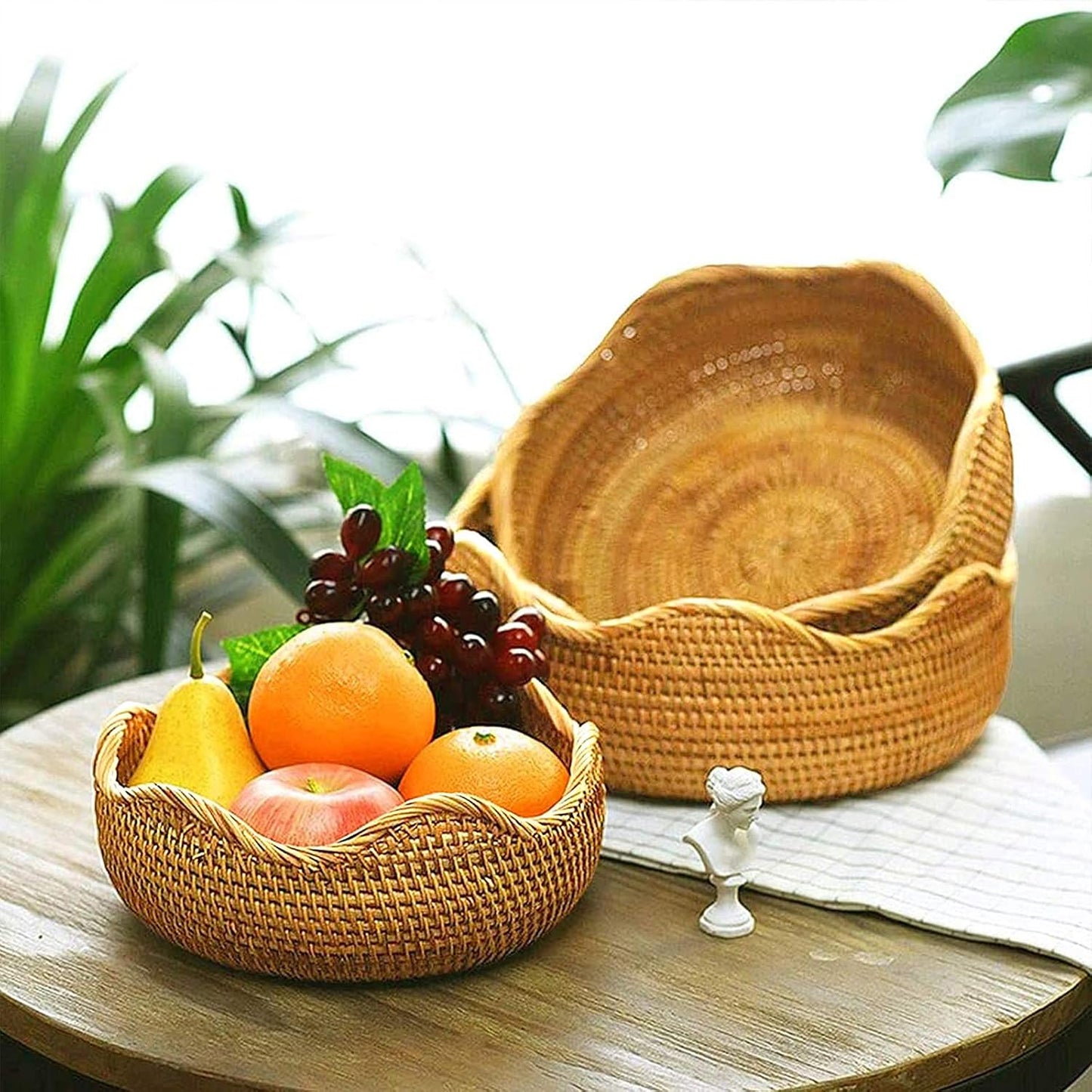 Handwoven Rattan Basket – Tall Round Wicker Storage Bowl for Fruit, Bread & Decorative Display | Eco-Friendly, Rustic Natural Organizer for Kitchen & Home Decor