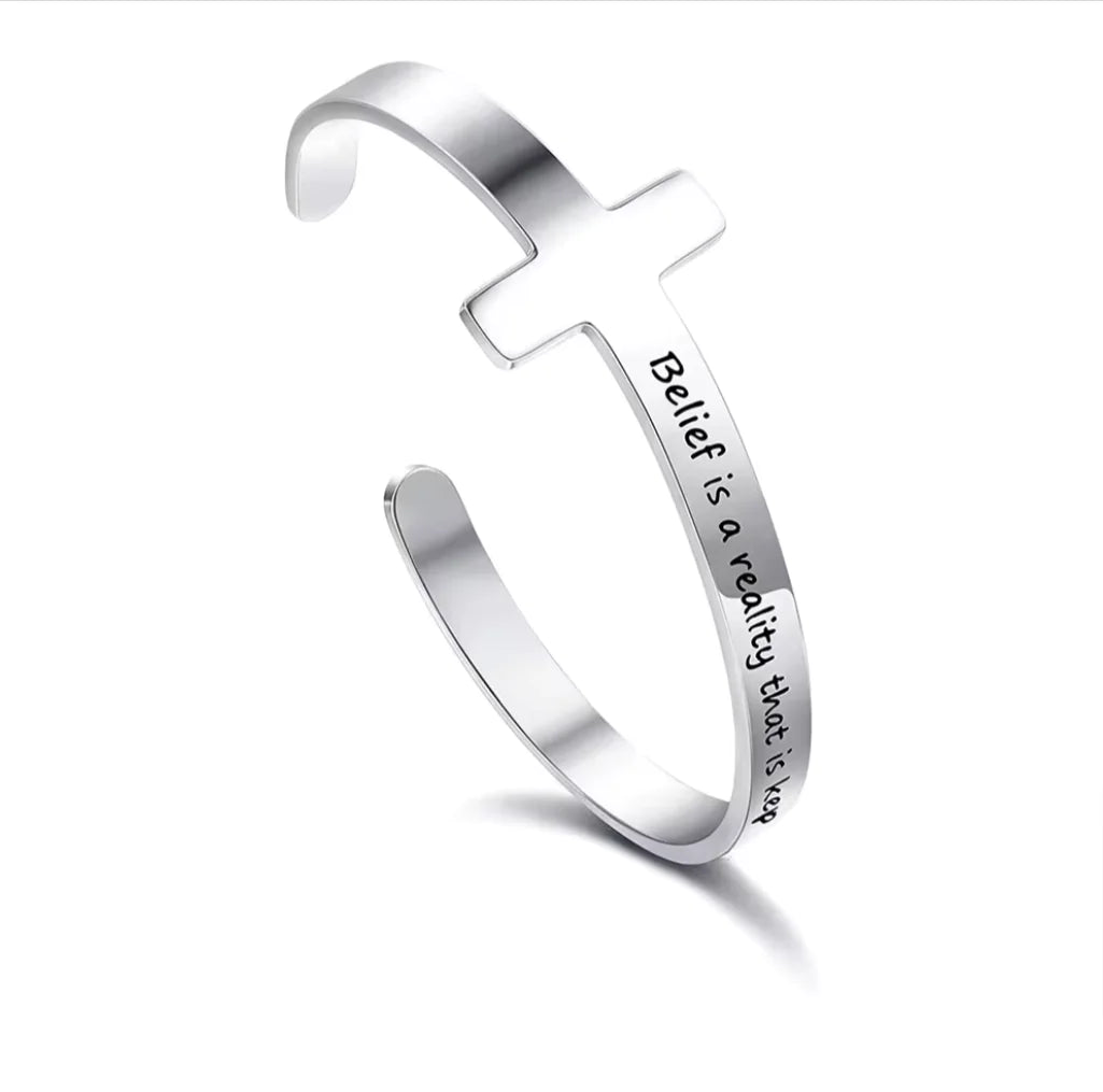 Silver Plated Christian Cuff Bracelet – Adjustable Stainless Steel with Cross & Jesus Bible Verse