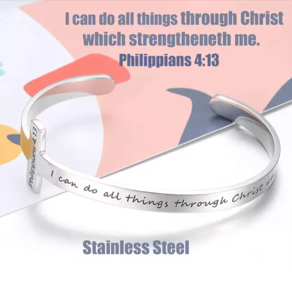 Silver Plated Christian Cuff Bracelet – Adjustable Stainless Steel with Cross & Jesus Bible Verse