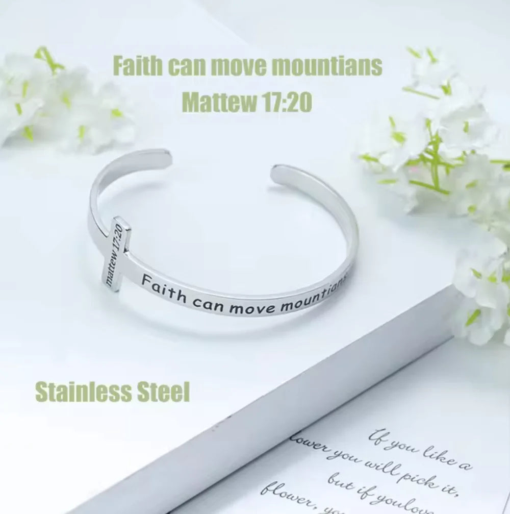 Silver Plated Christian Cuff Bracelet – Adjustable Stainless Steel with Cross & Jesus Bible Verse