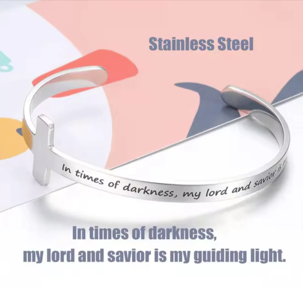 Silver Plated Christian Cuff Bracelet – Adjustable Stainless Steel with Cross & Jesus Bible Verse