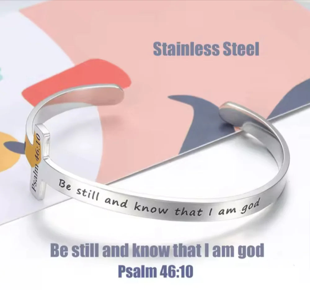 Silver Plated Christian Cuff Bracelet – Adjustable Stainless Steel with Cross & Jesus Bible Verse