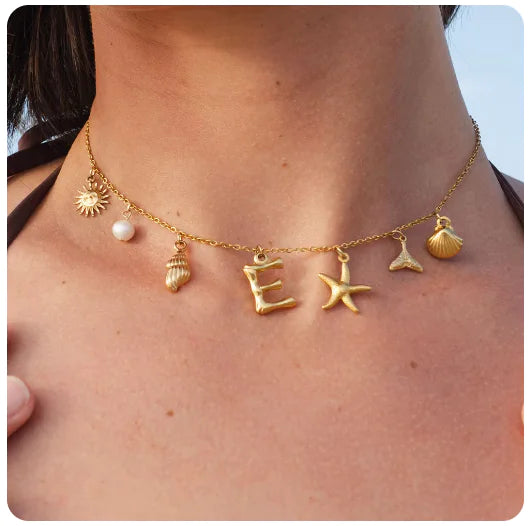 Bamboo Letter Necklace with Starfish & Shell Pendant – Personalized Beach-Inspired Jewelry
