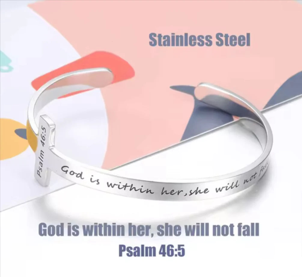 Silver Plated Christian Cuff Bracelet – Adjustable Stainless Steel with Cross & Jesus Bible Verse