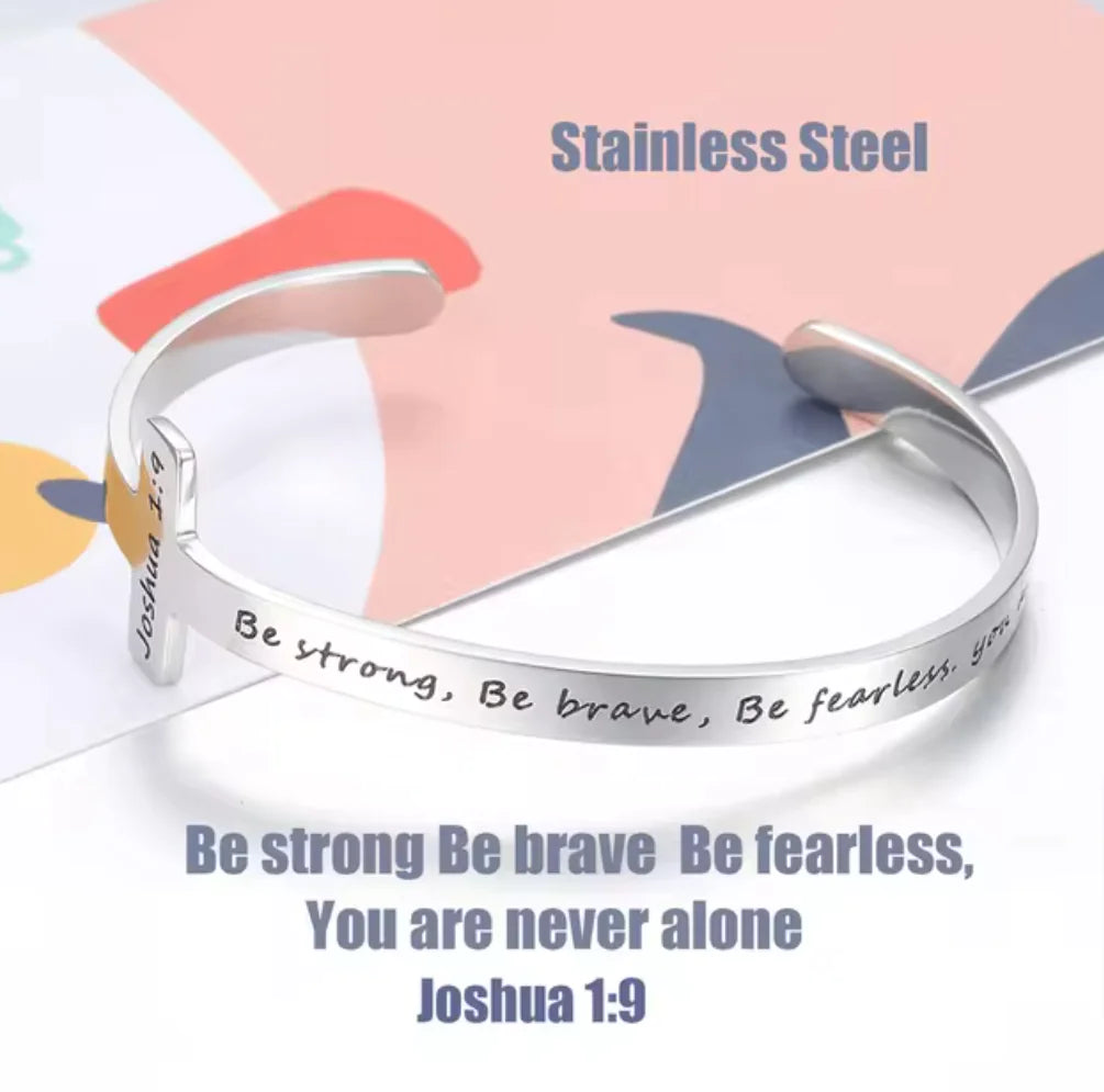 Silver Plated Christian Cuff Bracelet – Adjustable Stainless Steel with Cross & Jesus Bible Verse