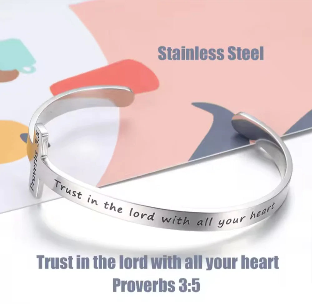 Silver Plated Christian Cuff Bracelet – Adjustable Stainless Steel with Cross & Jesus Bible Verse