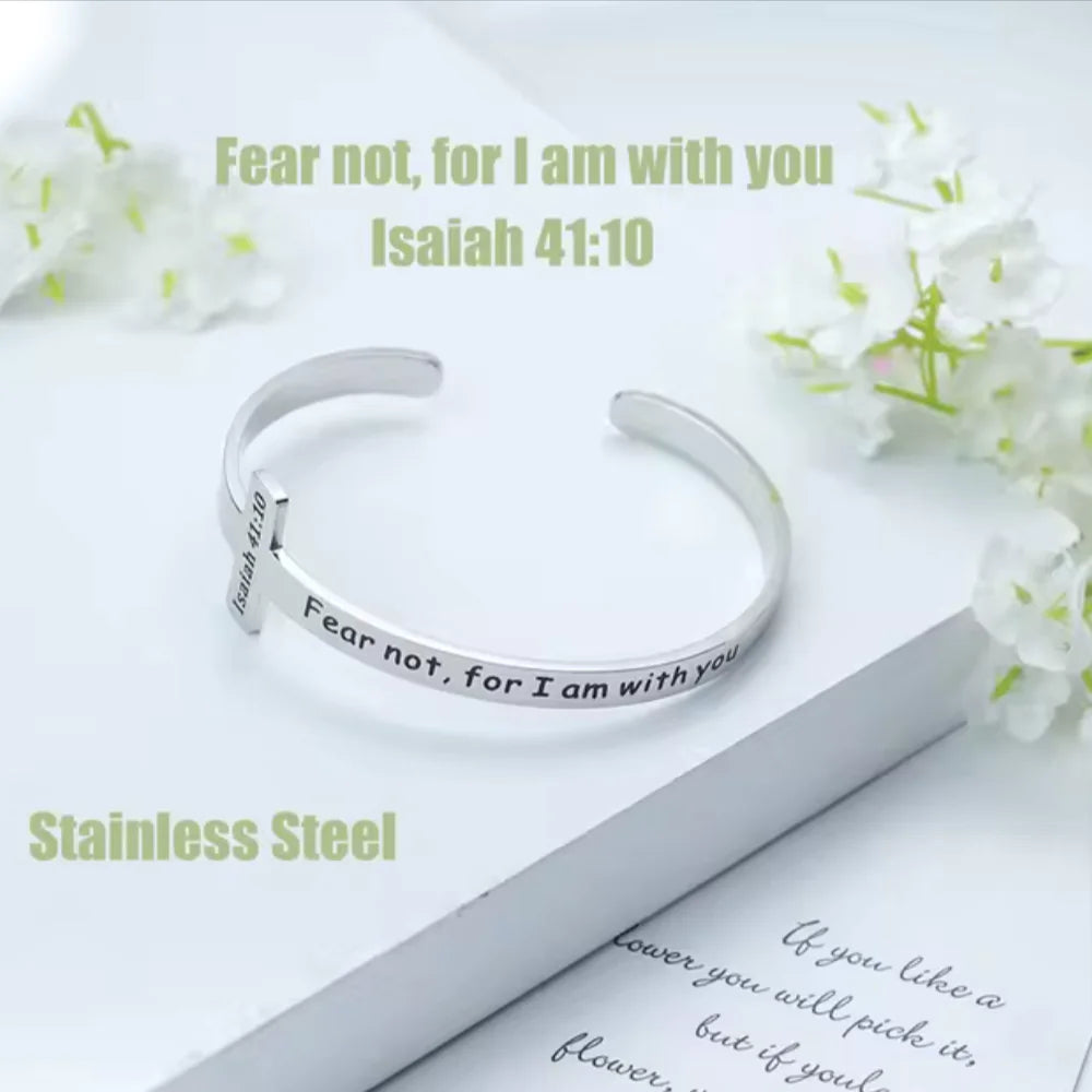 Silver Plated Christian Cuff Bracelet – Adjustable Stainless Steel with Cross & Jesus Bible Verse