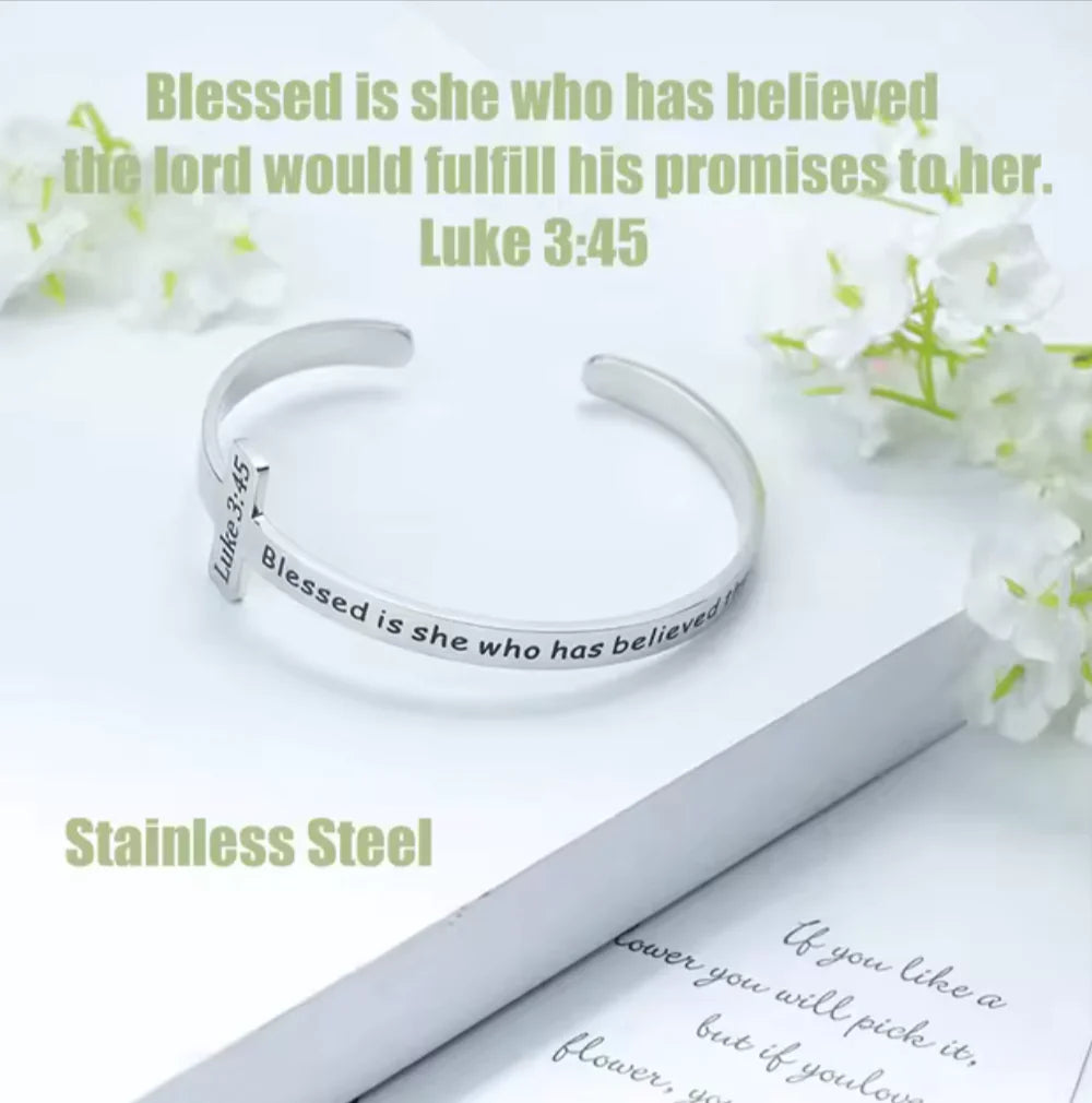 Silver Plated Christian Cuff Bracelet – Adjustable Stainless Steel with Cross & Jesus Bible Verse