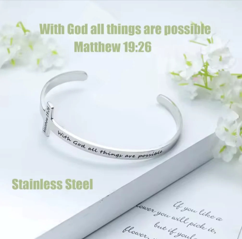 Silver Plated Christian Cuff Bracelet – Adjustable Stainless Steel with Cross & Jesus Bible Verse