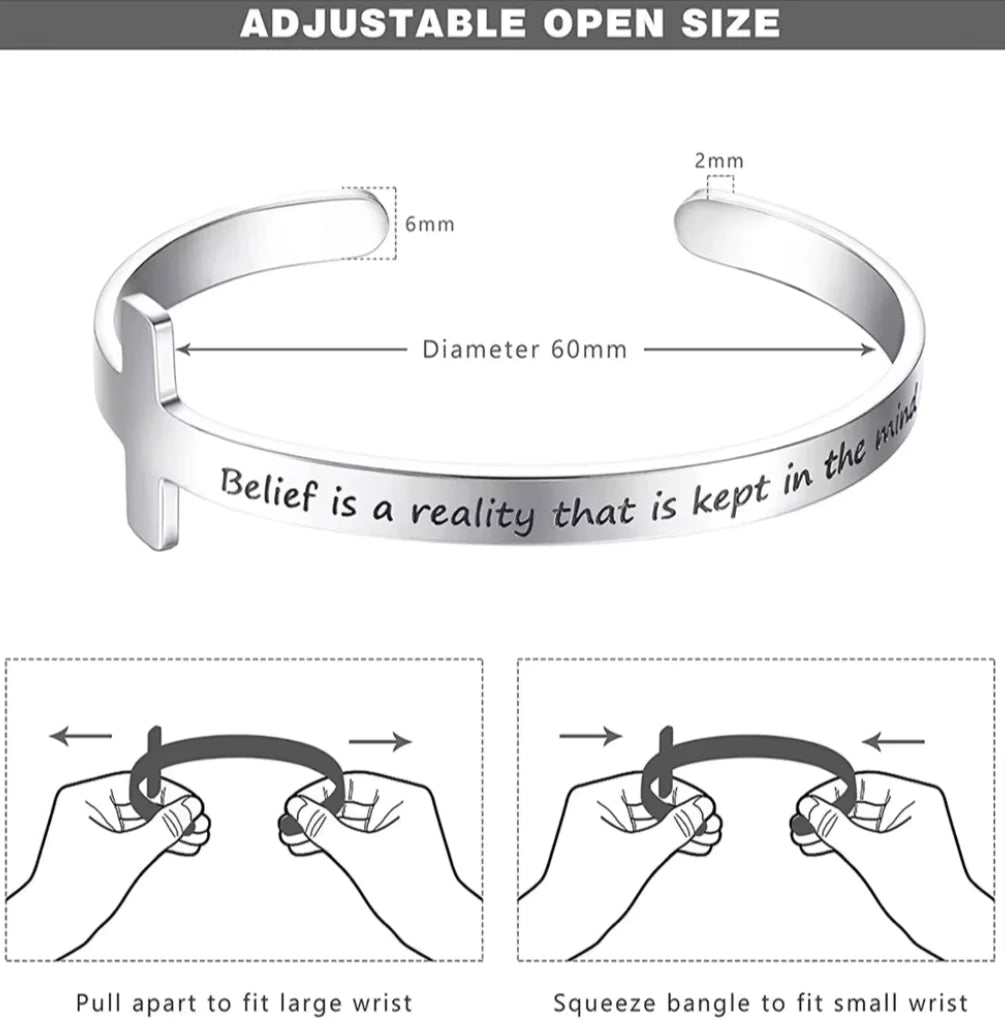Silver Plated Christian Cuff Bracelet – Adjustable Stainless Steel with Cross & Jesus Bible Verse