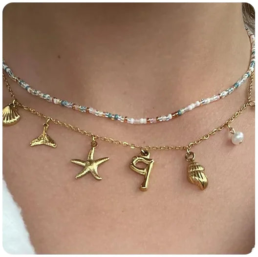 Bamboo Letter Necklace with Starfish & Shell Pendant – Personalized Beach-Inspired Jewelry