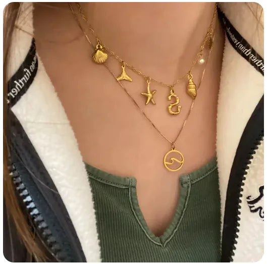 Bamboo Letter Necklace with Starfish & Shell Pendant – Personalized Beach-Inspired Jewelry