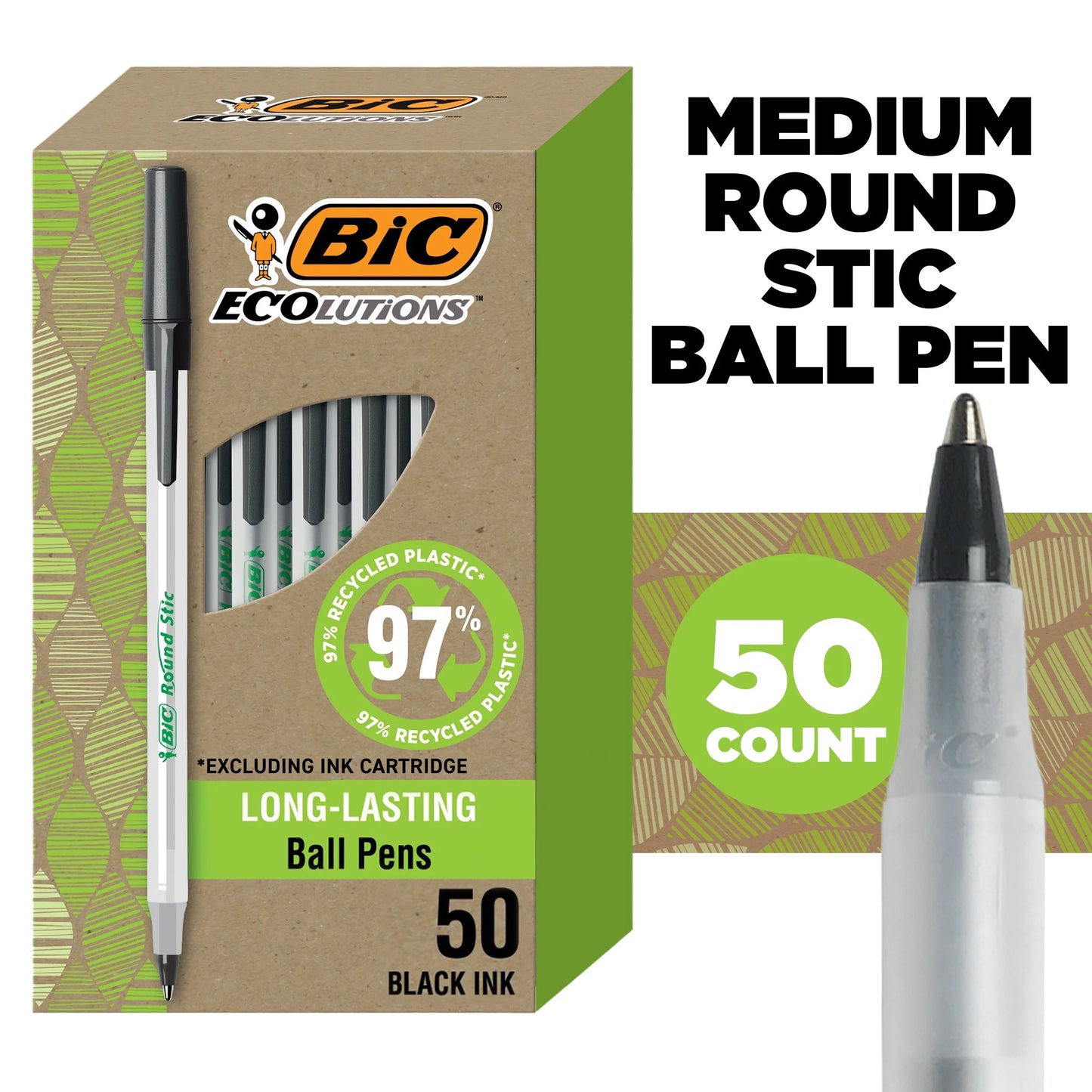 Ecolutions round Stic Ball Point Pen, Medium Point, 1.0Mm, Black Ink, 50 Count