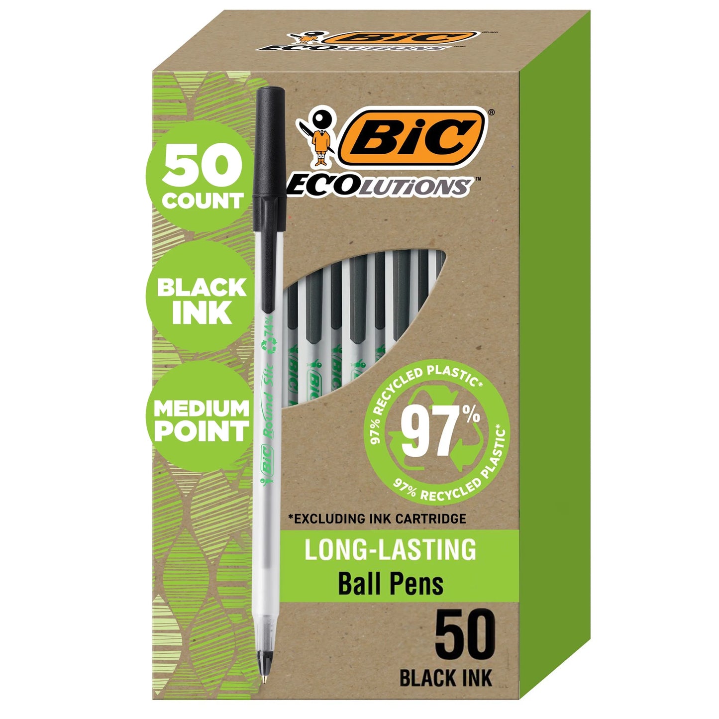 Ecolutions round Stic Ball Point Pen, Medium Point, 1.0Mm, Black Ink, 50 Count