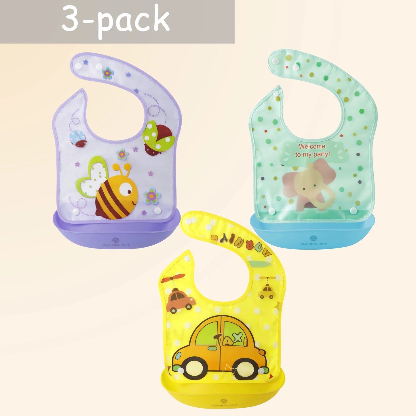 Amplim Convertible Baby Feeding Bibs 3-Pack – Waterproof, Adjustable, Lightweight, Eco-Friendly PEVA & LDPE, BPA-Free for Babies & Toddlers
