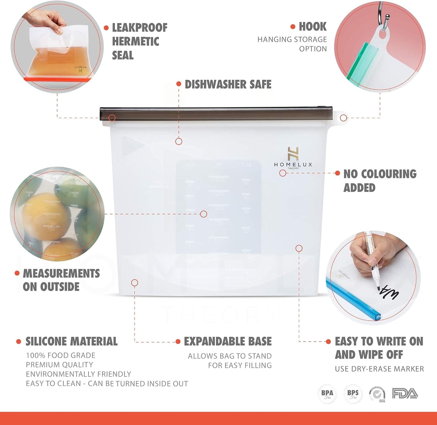Homelux Theory Power Pack Silicone Food Storage Bags – Set of 6 Reusable Leakproof Zip Bags with Airtight Slider (2 Large, 2 Medium, 2 Small)