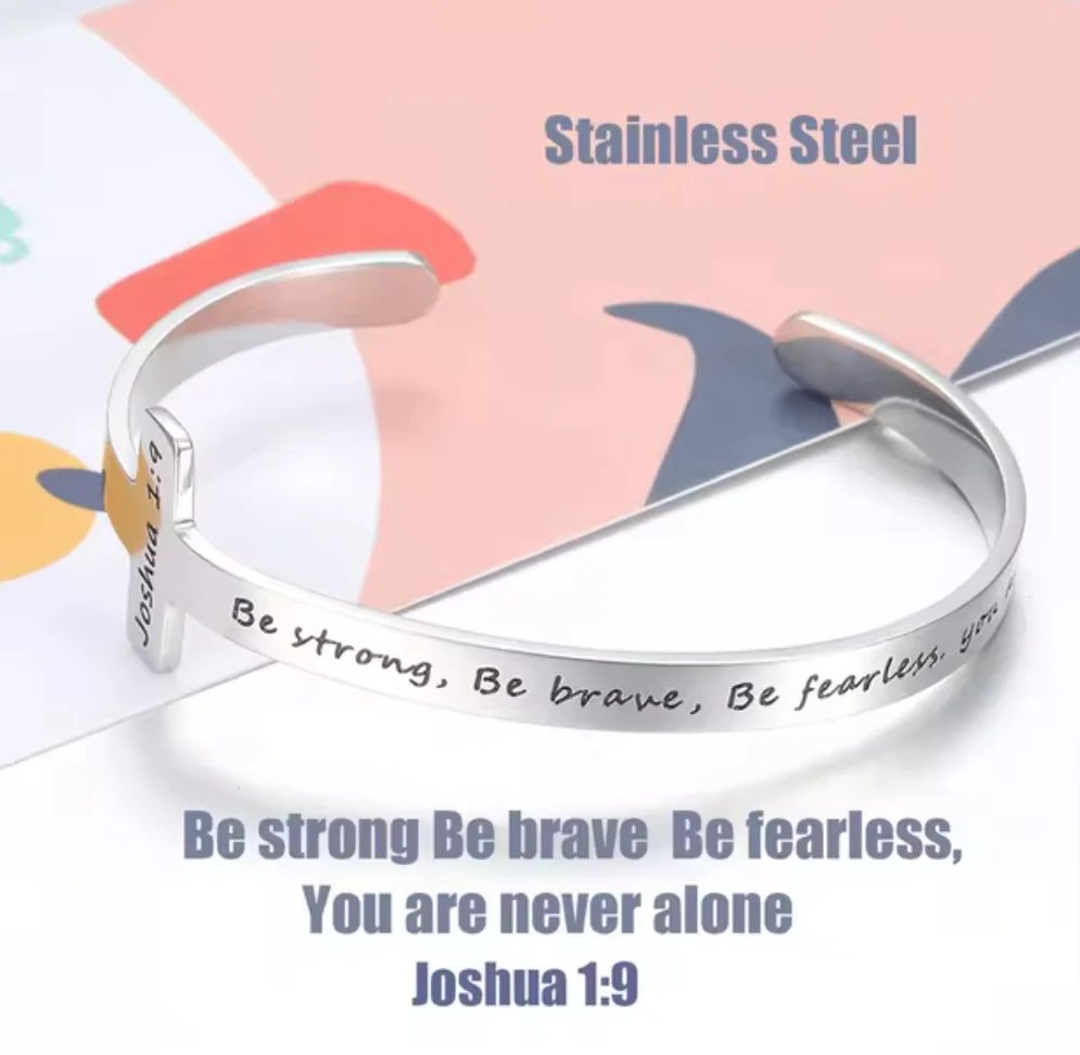 Silver Plated Christian Cuff Bracelet – Adjustable Stainless Steel with Cross & Jesus Bible Verse