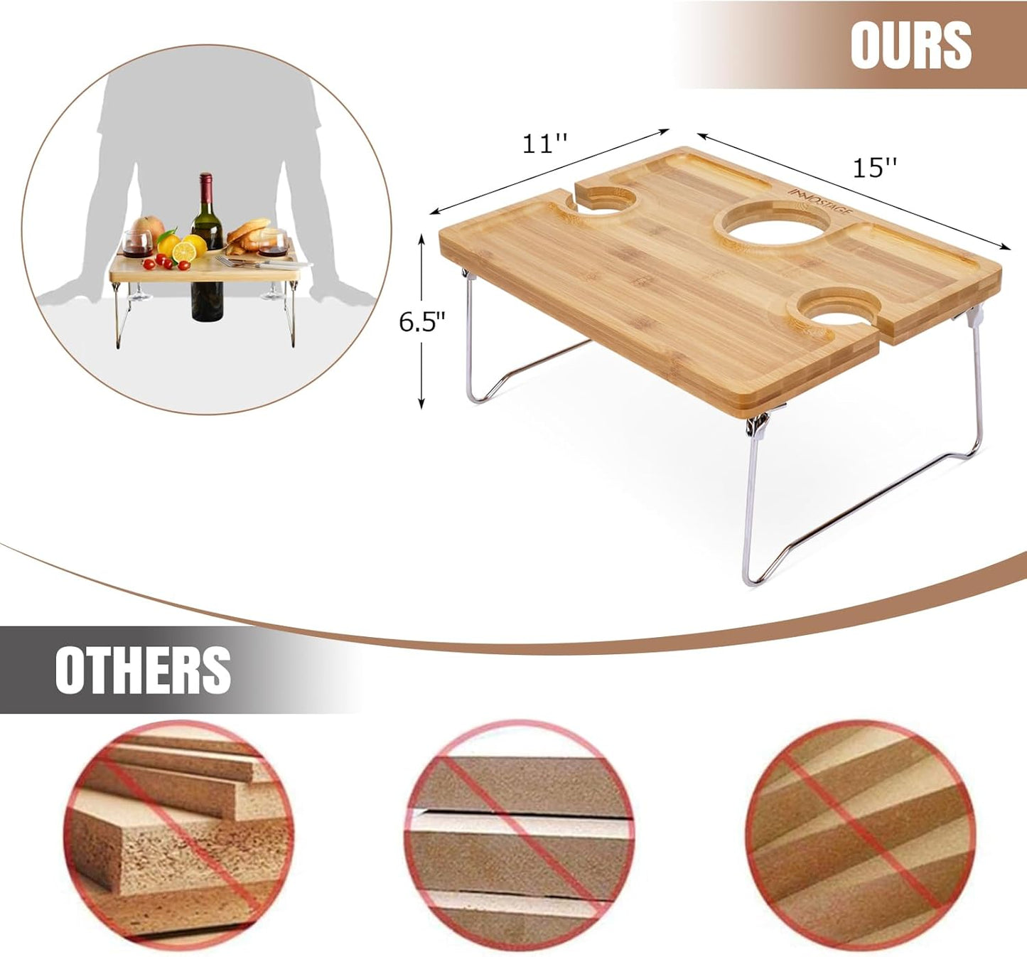 Folding Bamboo Wine Picnic Table with Bottle Opener – Portable Cheese & Snack Tray with Wine Glass Holders