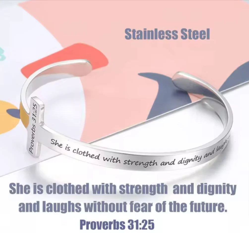 Silver Plated Christian Cuff Bracelet – Adjustable Stainless Steel with Cross & Jesus Bible Verse