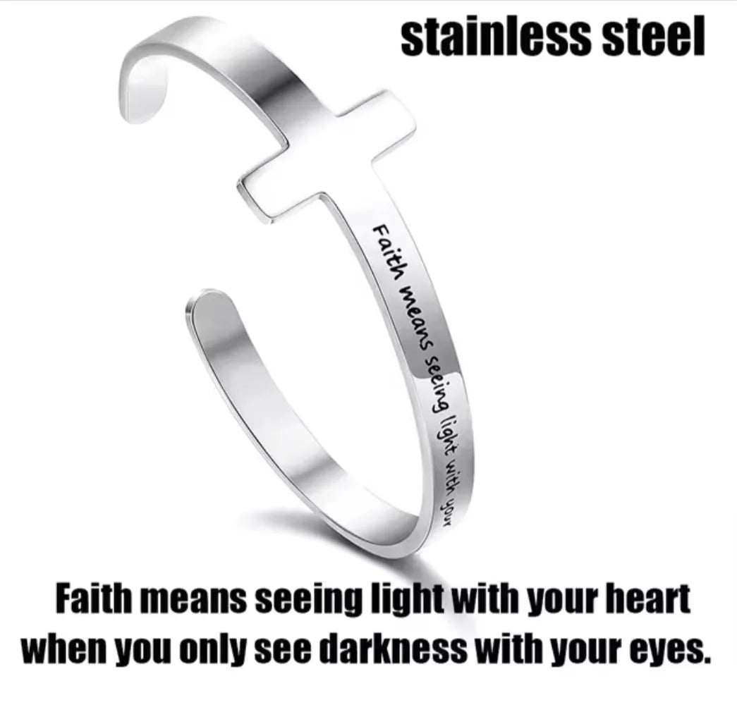 Silver Plated Christian Cuff Bracelet – Adjustable Stainless Steel with Cross & Jesus Bible Verse