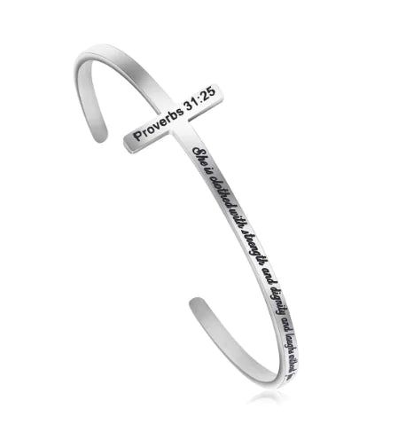 Silver Plated Christian Cuff Bracelet – Adjustable Stainless Steel with Cross & Jesus Bible Verse