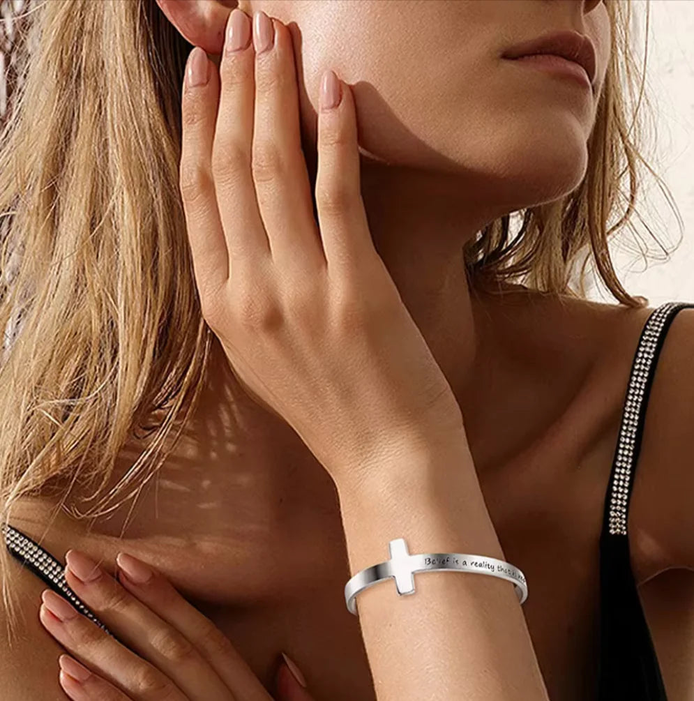 Silver Plated Christian Cuff Bracelet – Adjustable Stainless Steel with Cross & Jesus Bible Verse