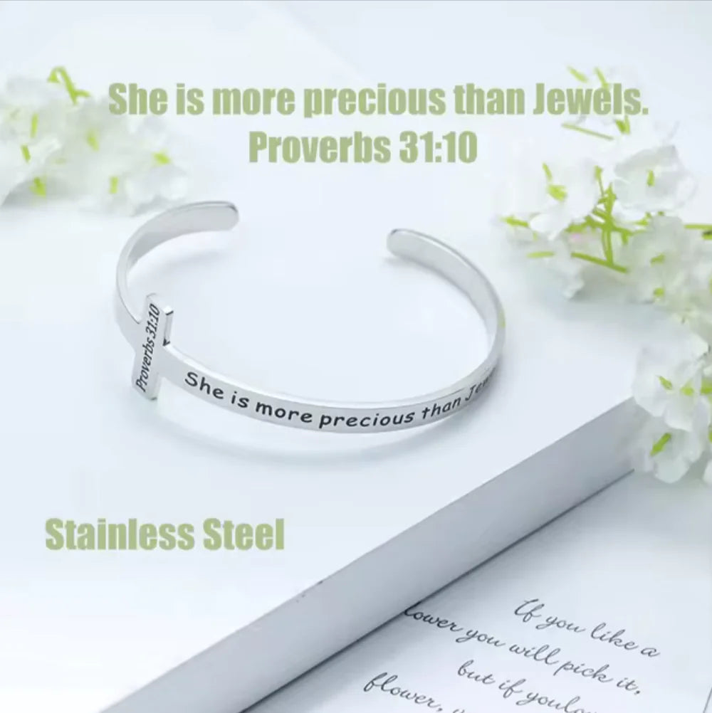 Silver Plated Christian Cuff Bracelet – Adjustable Stainless Steel with Cross & Jesus Bible Verse