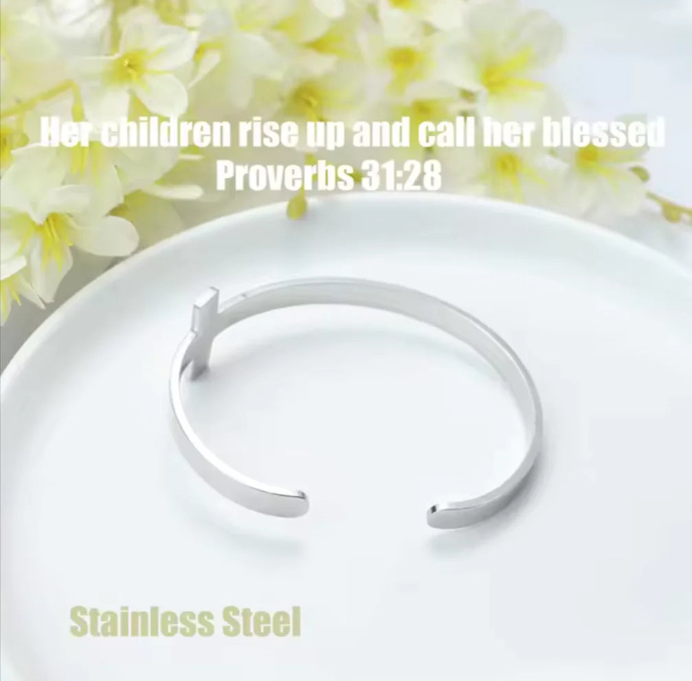 Silver Plated Christian Cuff Bracelet – Adjustable Stainless Steel with Cross & Jesus Bible Verse