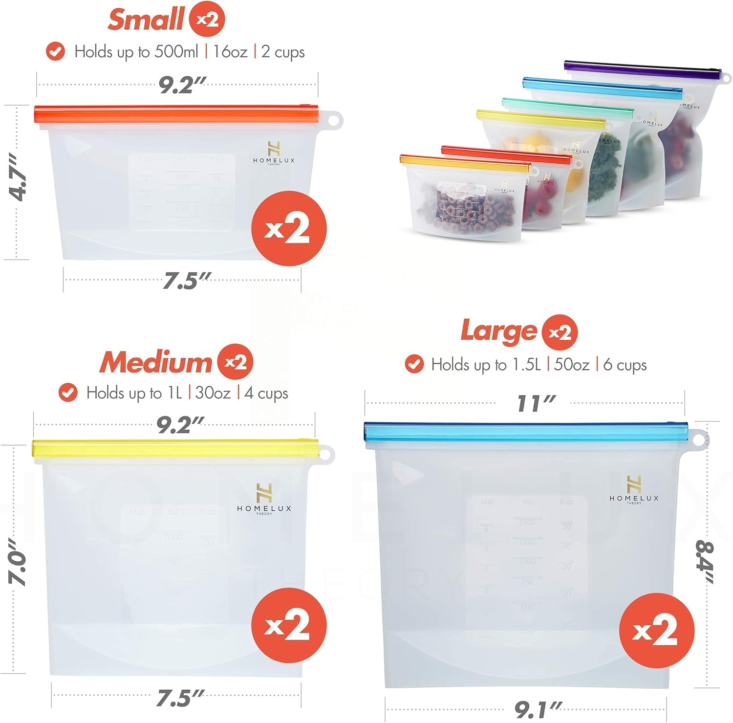 Homelux Theory Power Pack Silicone Food Storage Bags – Set of 6 Reusable Leakproof Zip Bags with Airtight Slider (2 Large, 2 Medium, 2 Small)