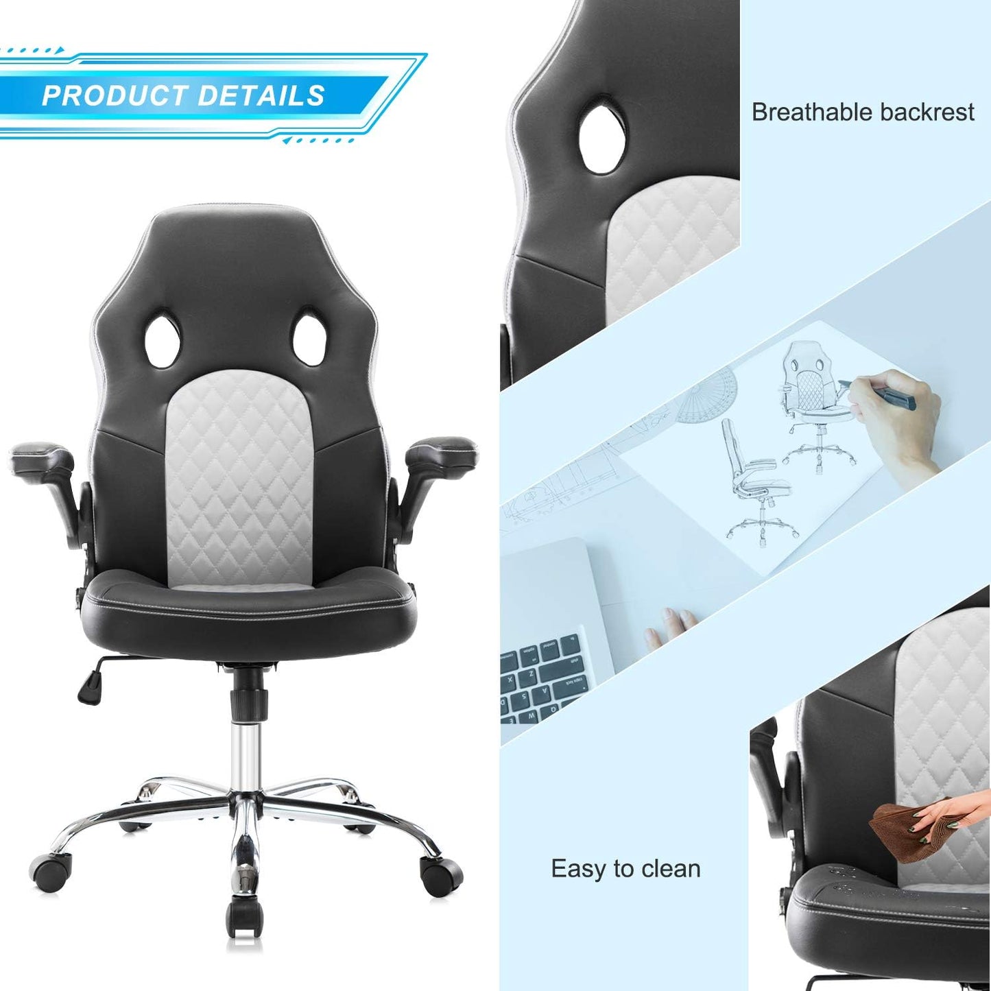 Ergonomic Gaming & Office Chair with Adjustable Flip-Up Armrests, Reclining Backrest & 360° Swivel – High-Back Computer Chair with Bonded Leather and Lumbar Support