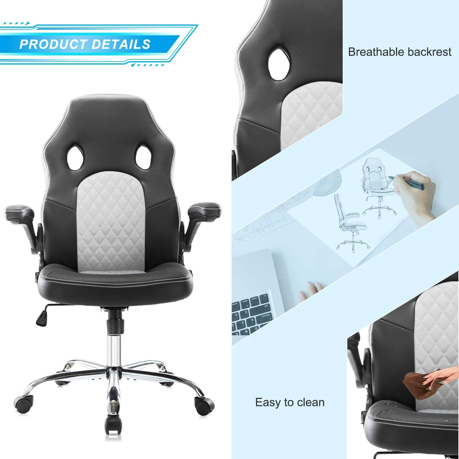 Ergonomic Gaming & Office Chair with Adjustable Flip-Up Armrests, Reclining Backrest & 360° Swivel – High-Back Computer Chair with Bonded Leather and Lumbar Support