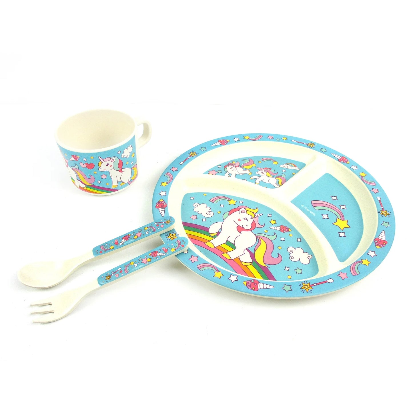 🦄 Magical Unicorn 4-Piece Kids Dinnerware Set – Eco-Friendly, Biodegradable Plant Fiber Plate, Cup, Fork & Spoon – Non-Toxic, BPA-Free, Microwave & Dishwasher Safe – Gift-Boxed for Girls & Toddlers
