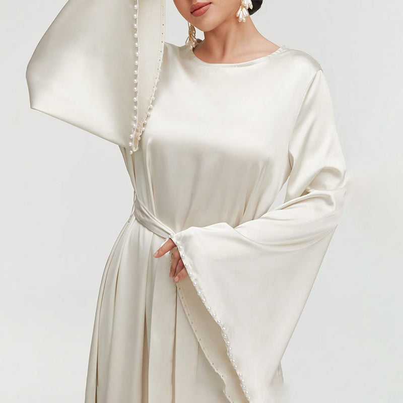Elegant Pearl-Cuff Flared Maxi Dress – Modest A-Line Abaya Style