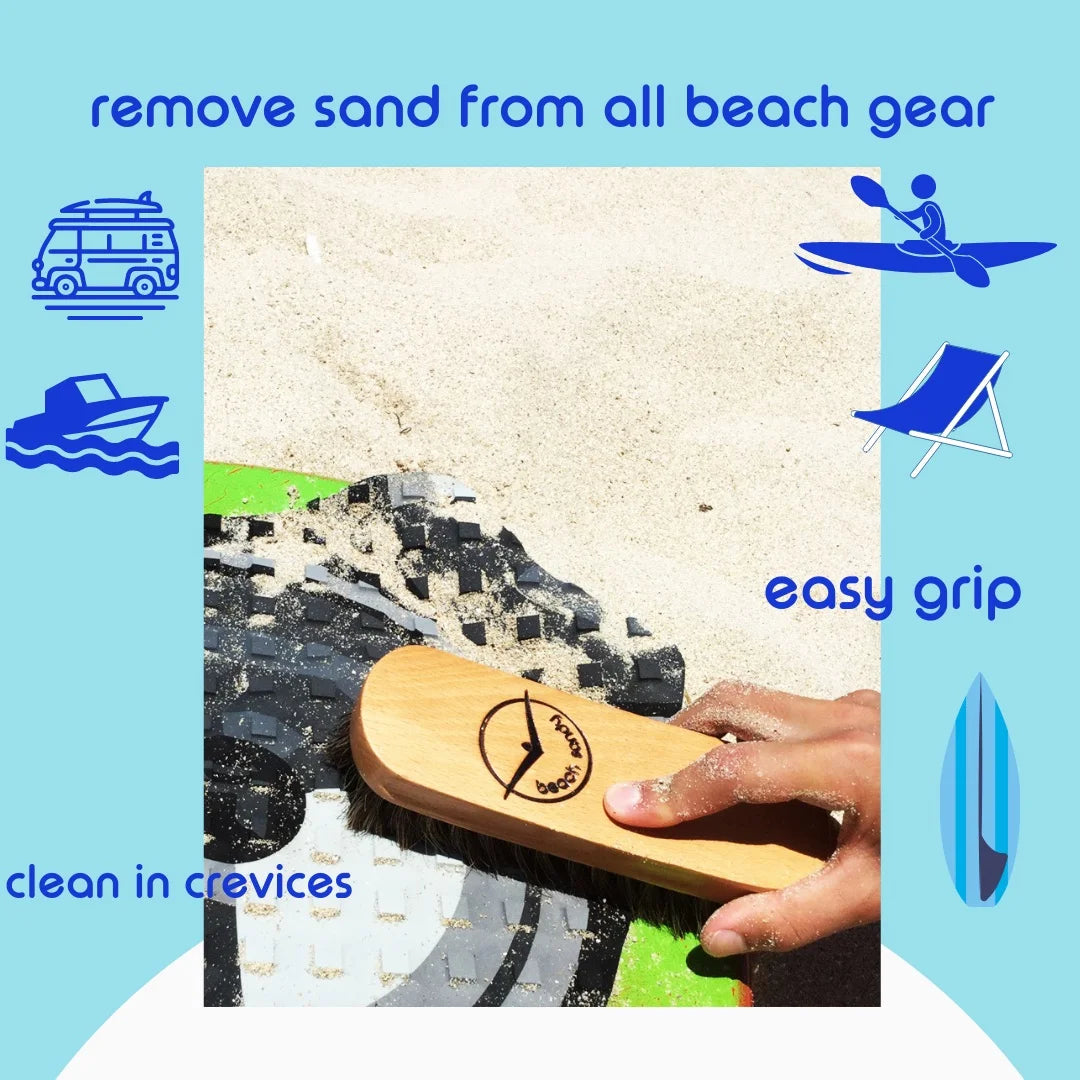 Beach Sandy Brush Kit – Eco-Friendly Sand Remover with Beech Wood Brushes & Microfiber Towel Bag – Portable Beach Accessory for Feet, Gear, & Pets
