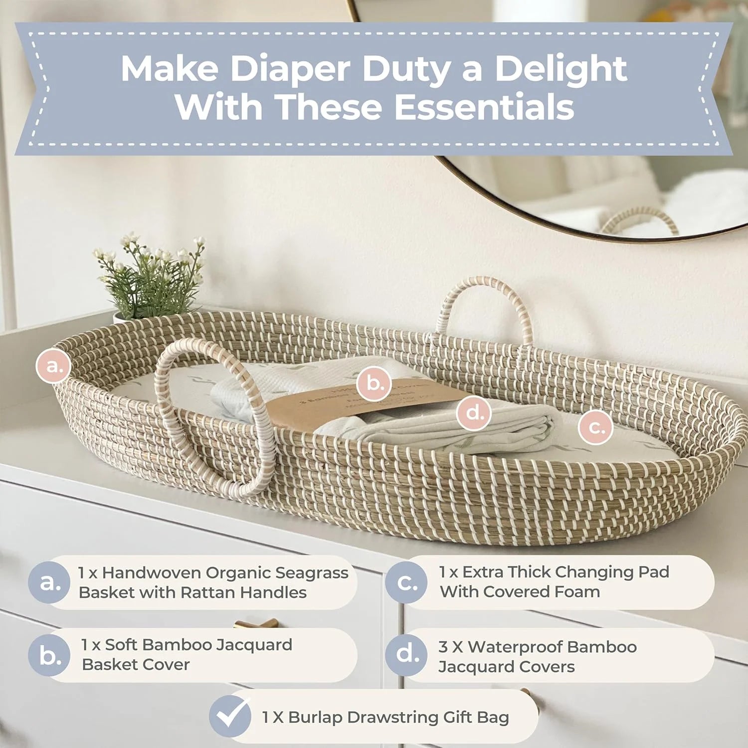 Seagrass Baby Changing Basket Set – Handwoven Natural Changing Station with Cushioned Pad & 3 Waterproof Bamboo Covers, CPSC Compliant, Boho Nursery Essential