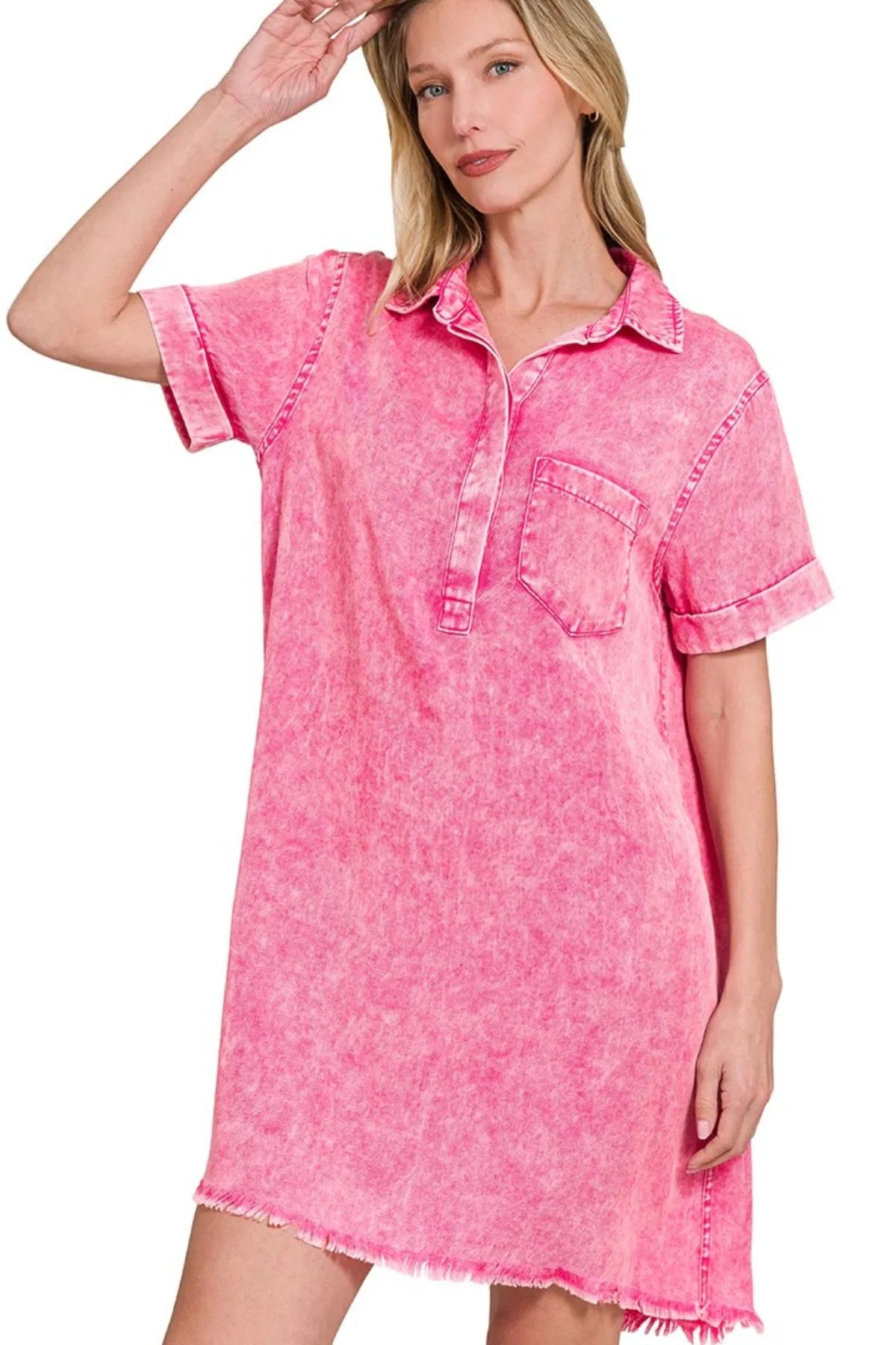 Acid-Washed Pink Denim Shirt Dress