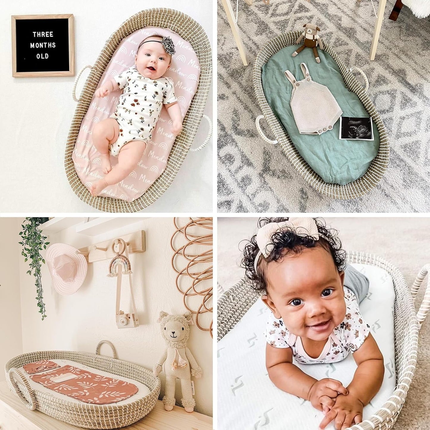 Seagrass Baby Changing Basket Set – Handwoven Natural Changing Station with Cushioned Pad & 3 Waterproof Bamboo Covers, CPSC Compliant, Boho Nursery Essential