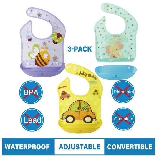 Amplim Convertible Baby Feeding Bibs 3-Pack – Waterproof, Adjustable, Lightweight, Eco-Friendly PEVA & LDPE, BPA-Free for Babies & Toddlers