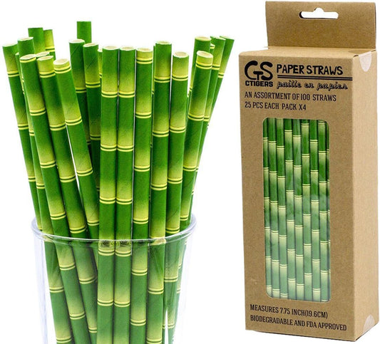 Bamboo Print Biodegradable Drinking Paper Straws for Party Box of 100